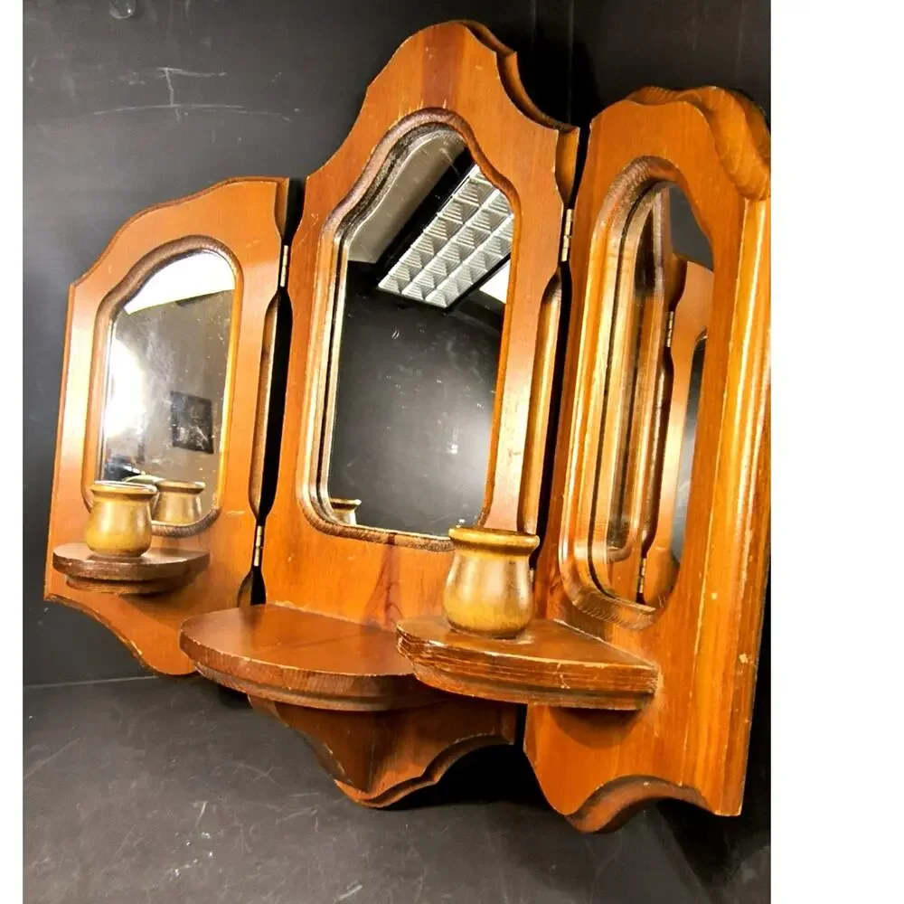 1812.  Vintage MCM Tri Fold Wooden Mirrored Sconce Shelf